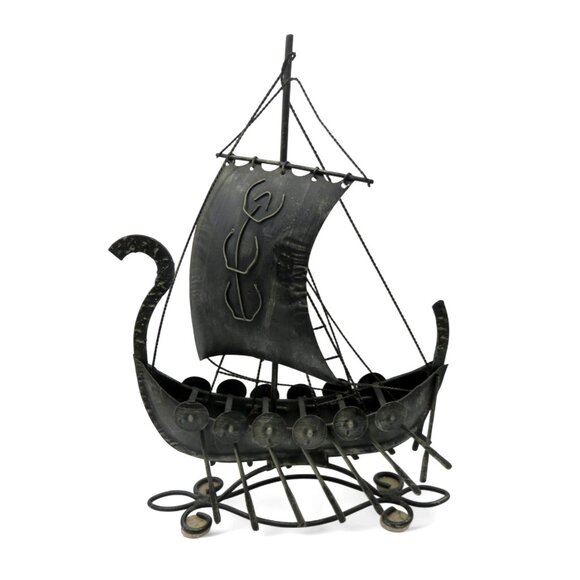 VIKING SHIP Metal Black and Silver 1960s Vintage 17" - Picture 1 of 10